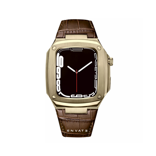 Brown Gold Leather Metal Luxury Case For Apple Watch