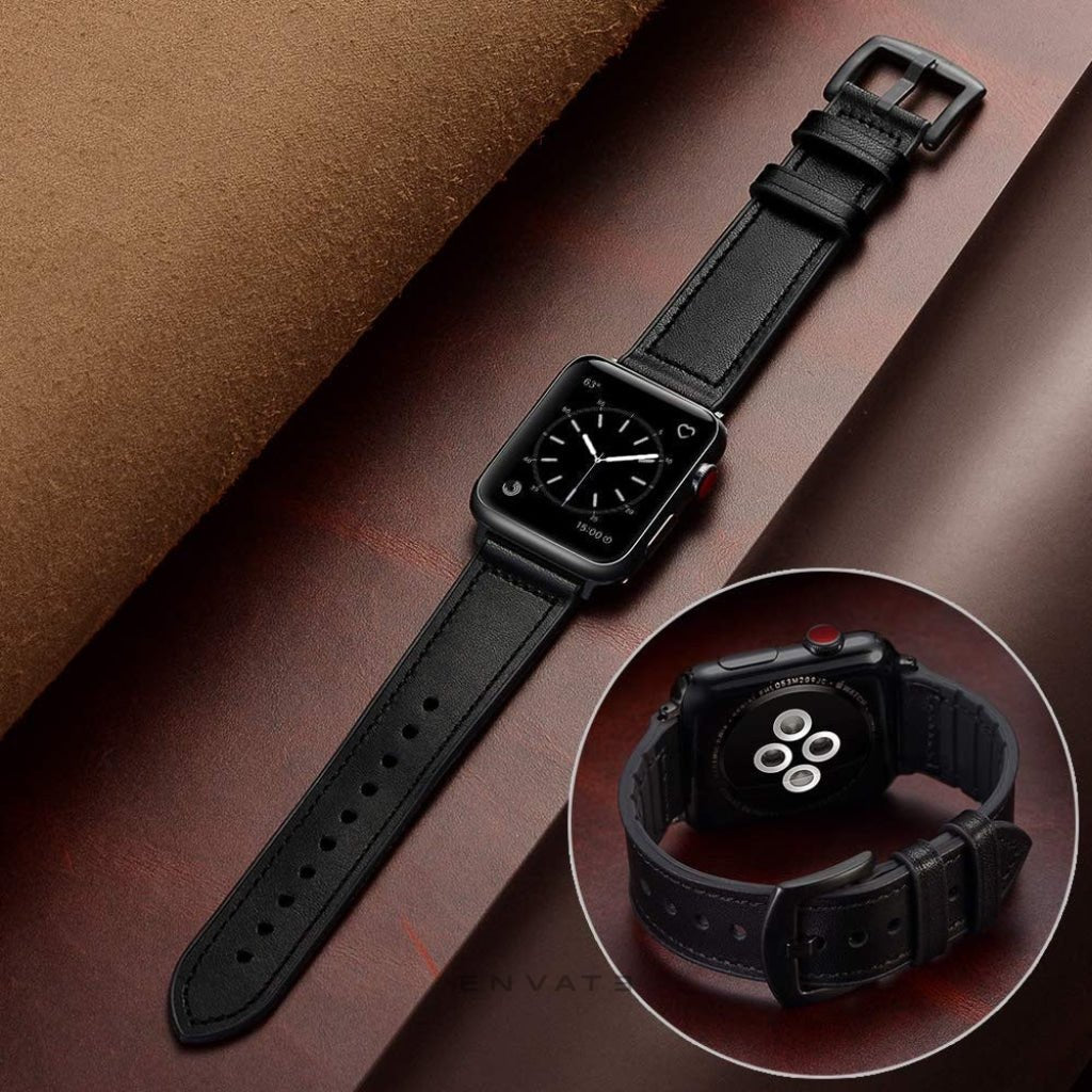 Black Leather Rubber Soft Premium Strap For Apple Watch